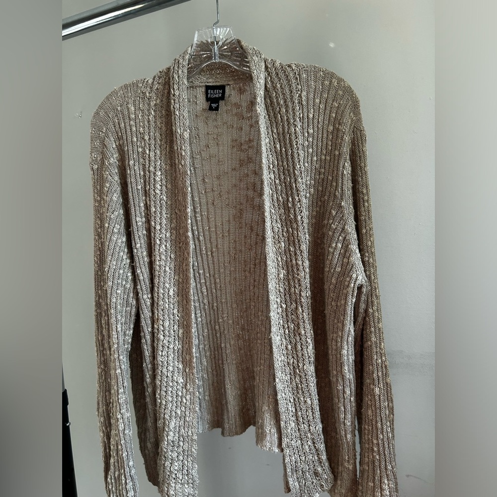EILEEN FISHER Cotton Linen Ribbed Slub Open Front Long Sleeve Beige. Size L